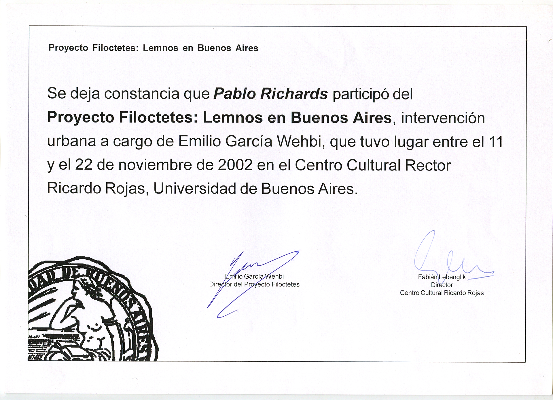 Certificado (Pablo Richards) / Bs. As.