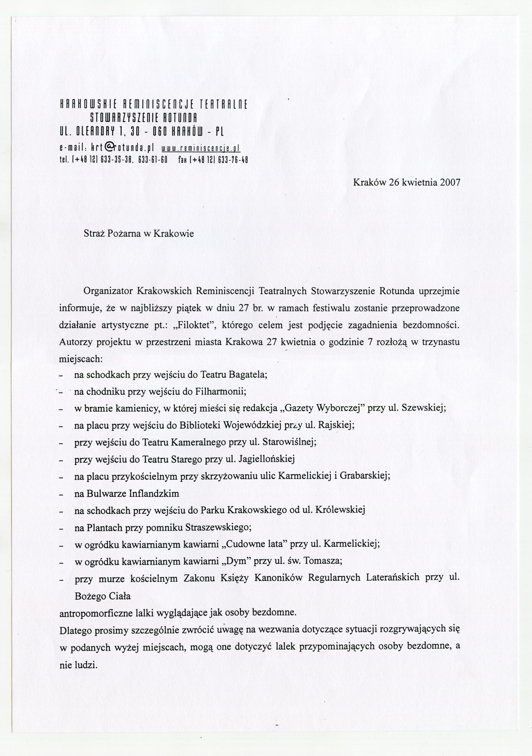 Carta a los Bomberos y Servicios de Emergencia (frente) / CRACOVIA